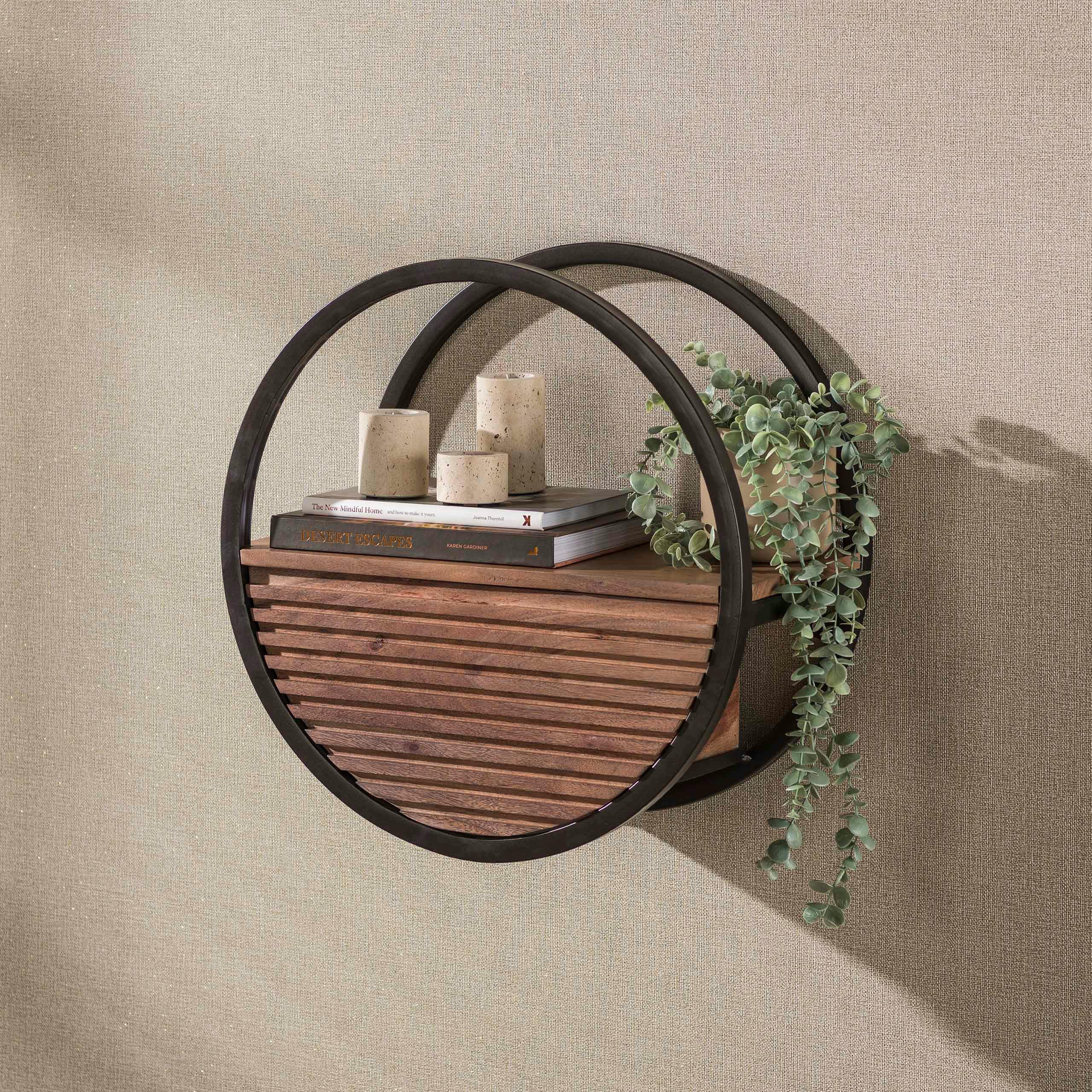 Etagère murale ronde bois d'acacia foncé 1 tiroir Ø50 cm NAKO