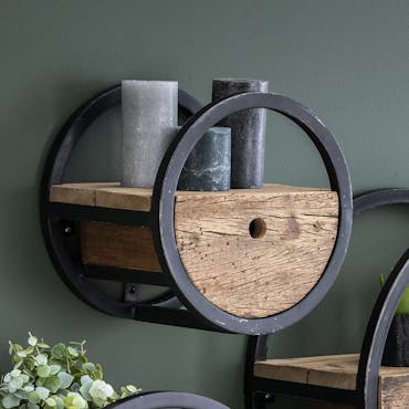 Etagère murale ronde bois recyclé brut 1 tiroir D30 cm CYCLADES
