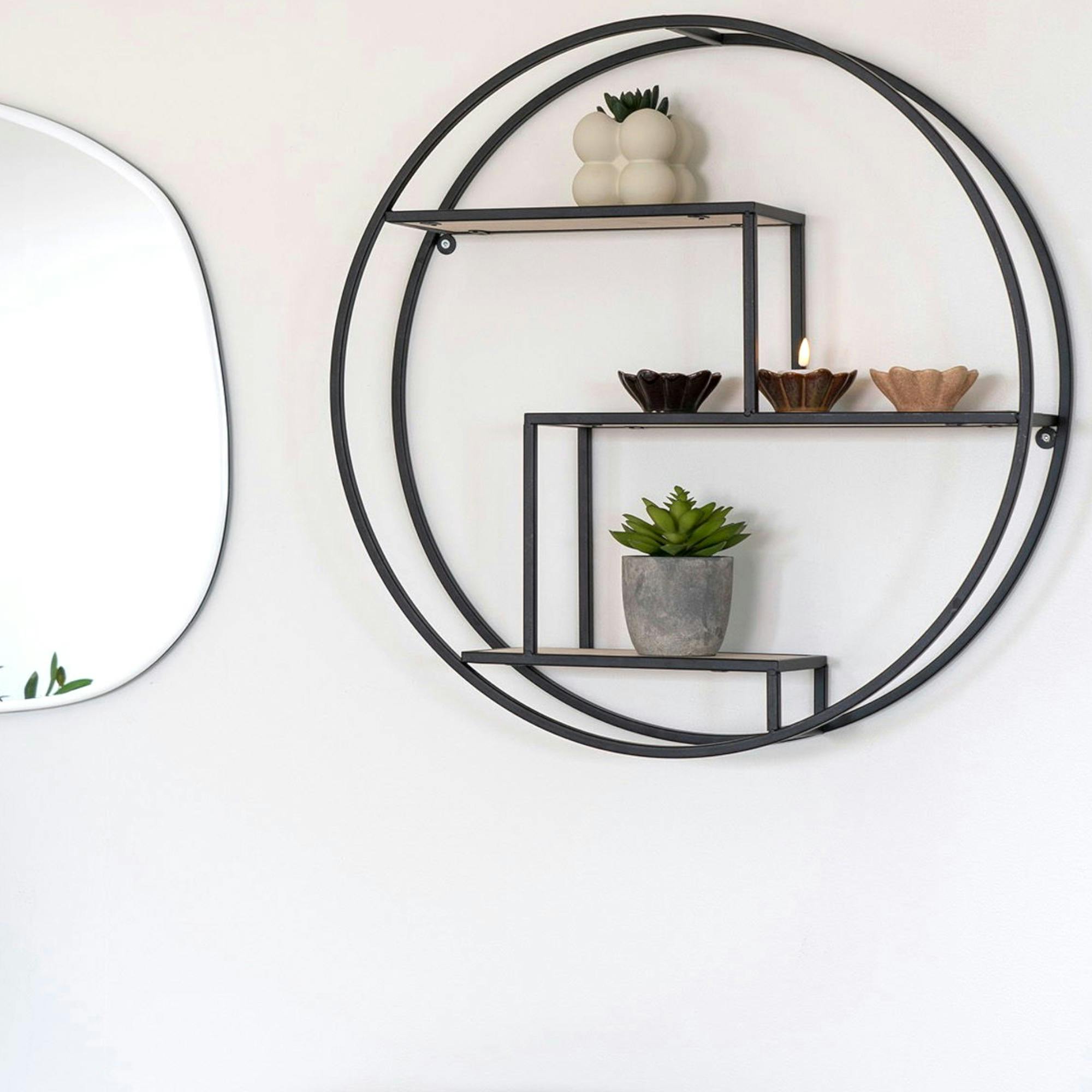 Etagère murale ronde en métal noir et bois Ø62 cm TALLINN