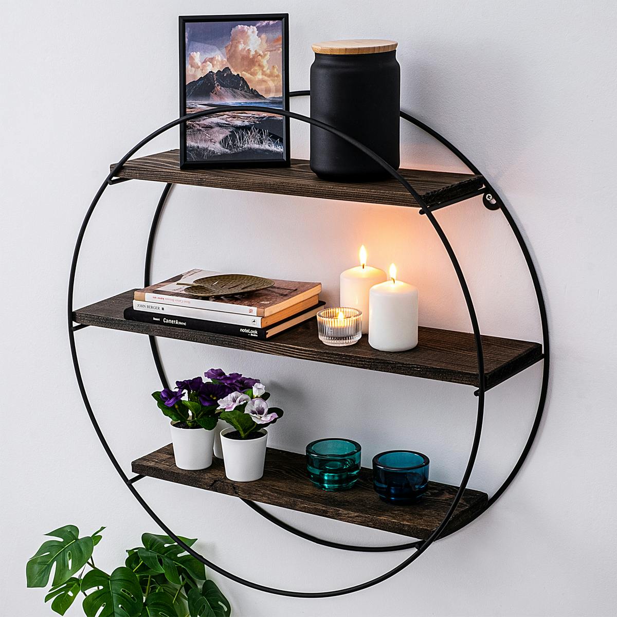 Etagère ronde noire 3 plateaux décor bois foncé JENA