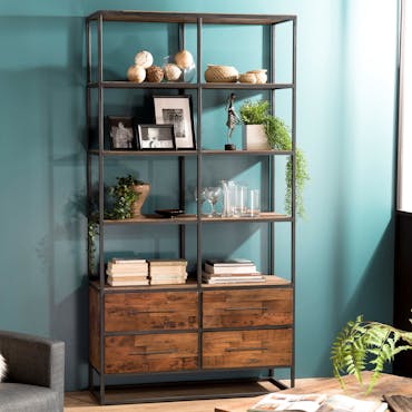 Etagere bibliotheque avec tiroirs bois recycle et metal style contemporain