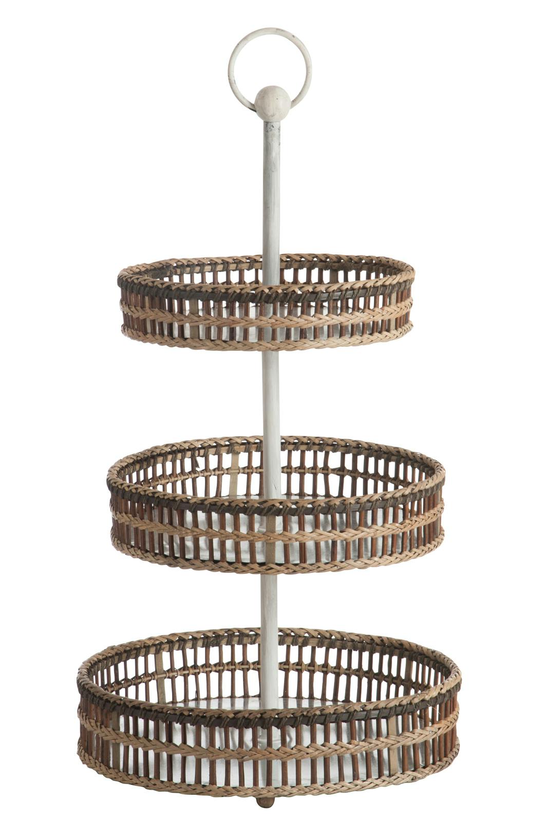 Etagère serviteur 3 niveaux bambou et rotin, armature blanc 45x45x77cm
