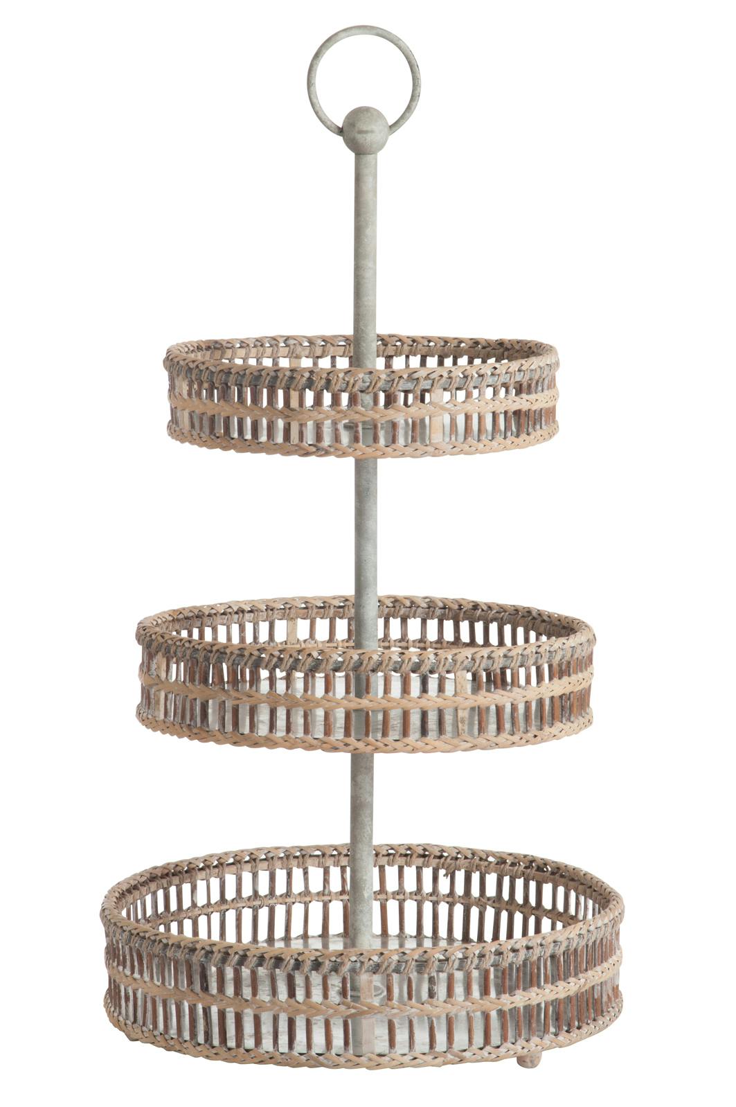 Etagère serviteur 3 niveaux bambou et rotin, armature gris 45x45x77cm