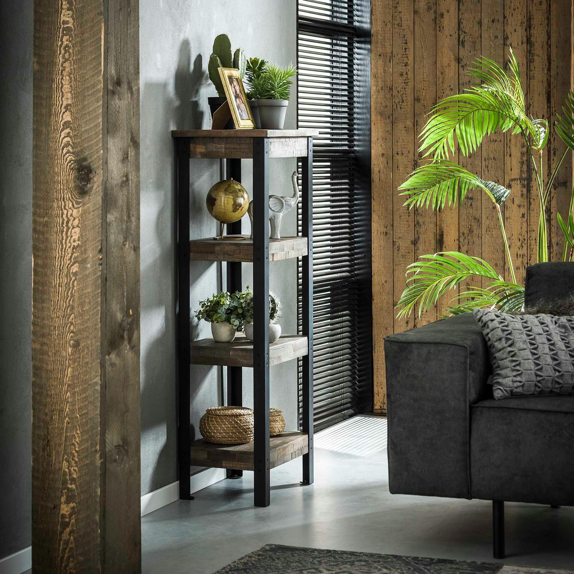 Etagère sur pieds lamelles de teck recyclé gris métal 4 niveaux JAVA