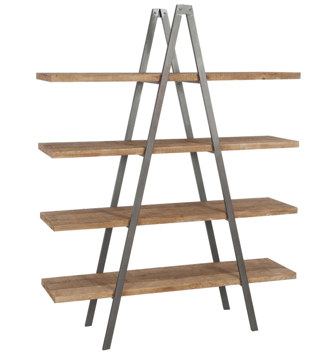 Etagère triangle 4 niveaux en bois naturel, armature métal 150x44x192cm
