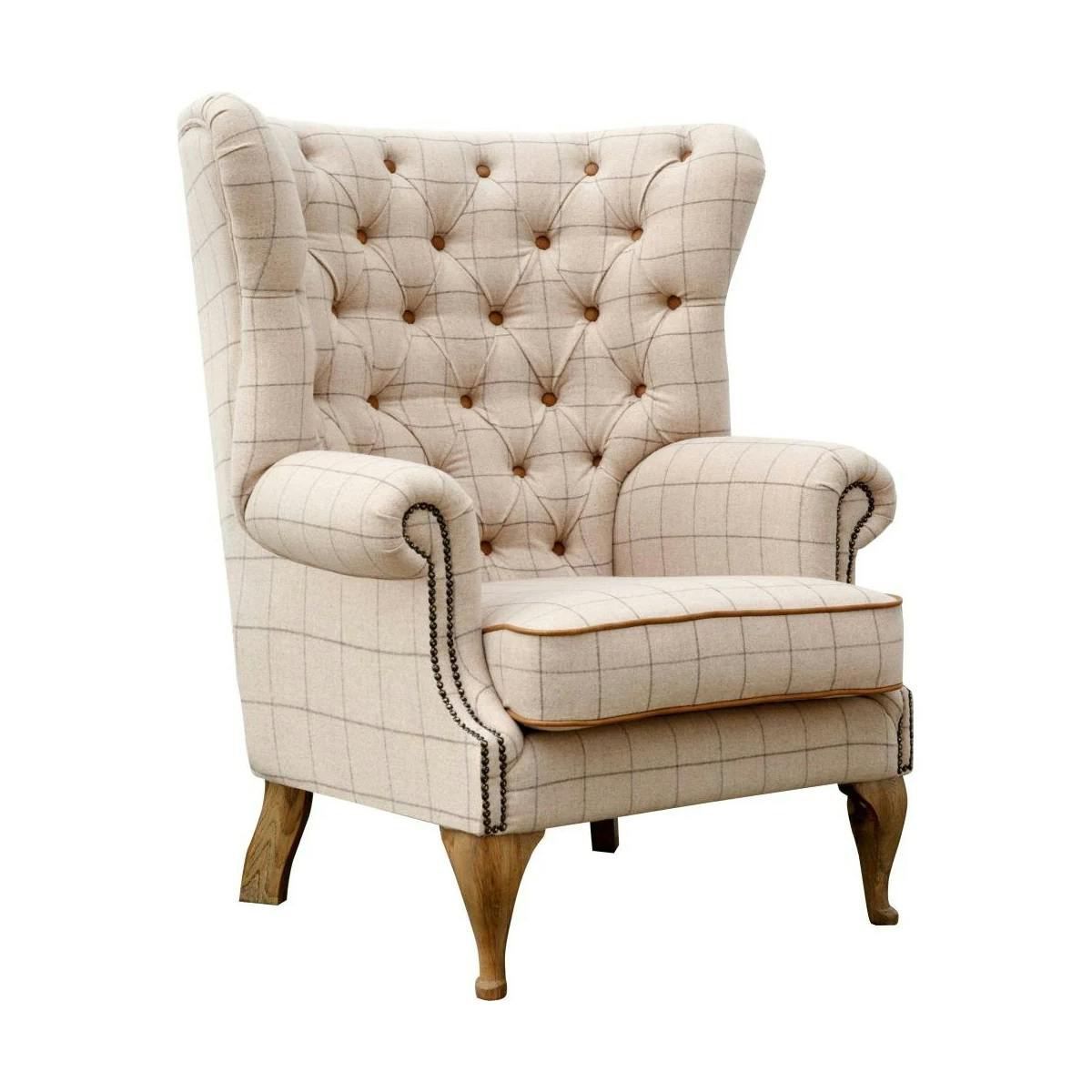 Fauteuil anglais beige avec cuir COTTAGE
