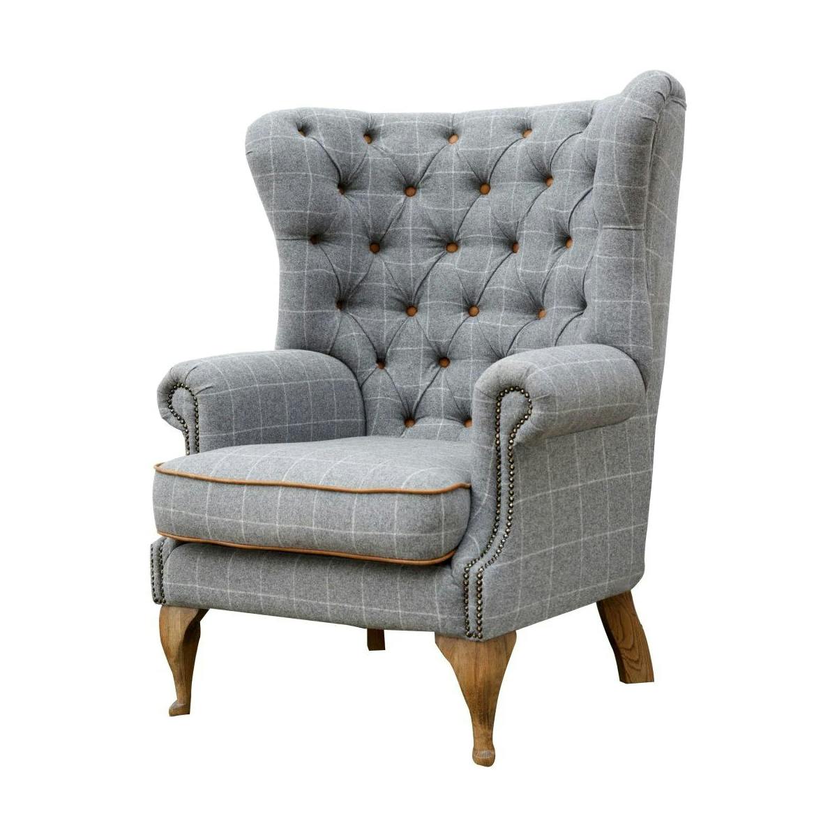 Fauteuil anglais gris avec cuir COTTAGE