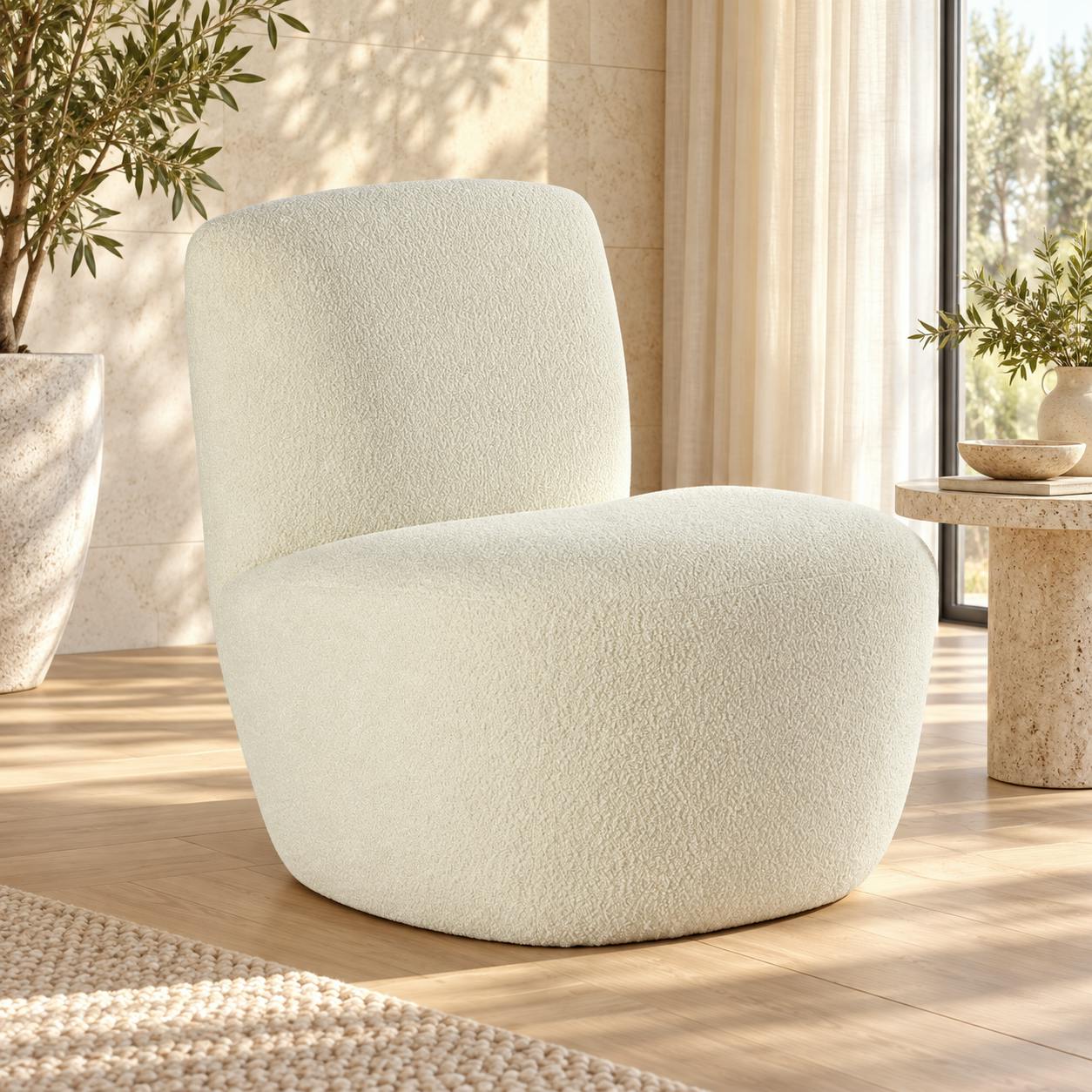 Fauteuil arrondi tissu bouclettes blanc MALMOE