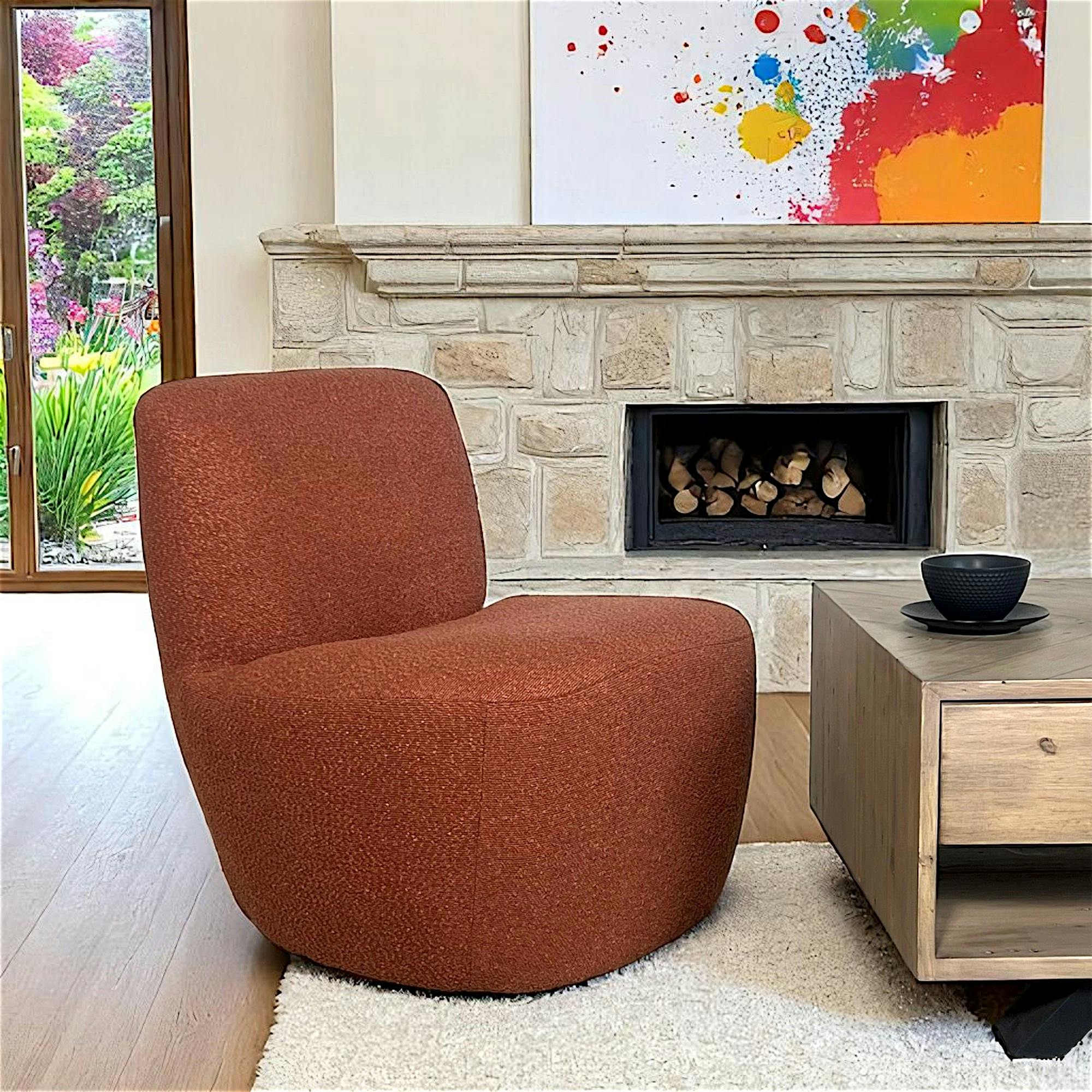 Fauteuil arrondi tissu bouclettes terracotta MALMOE