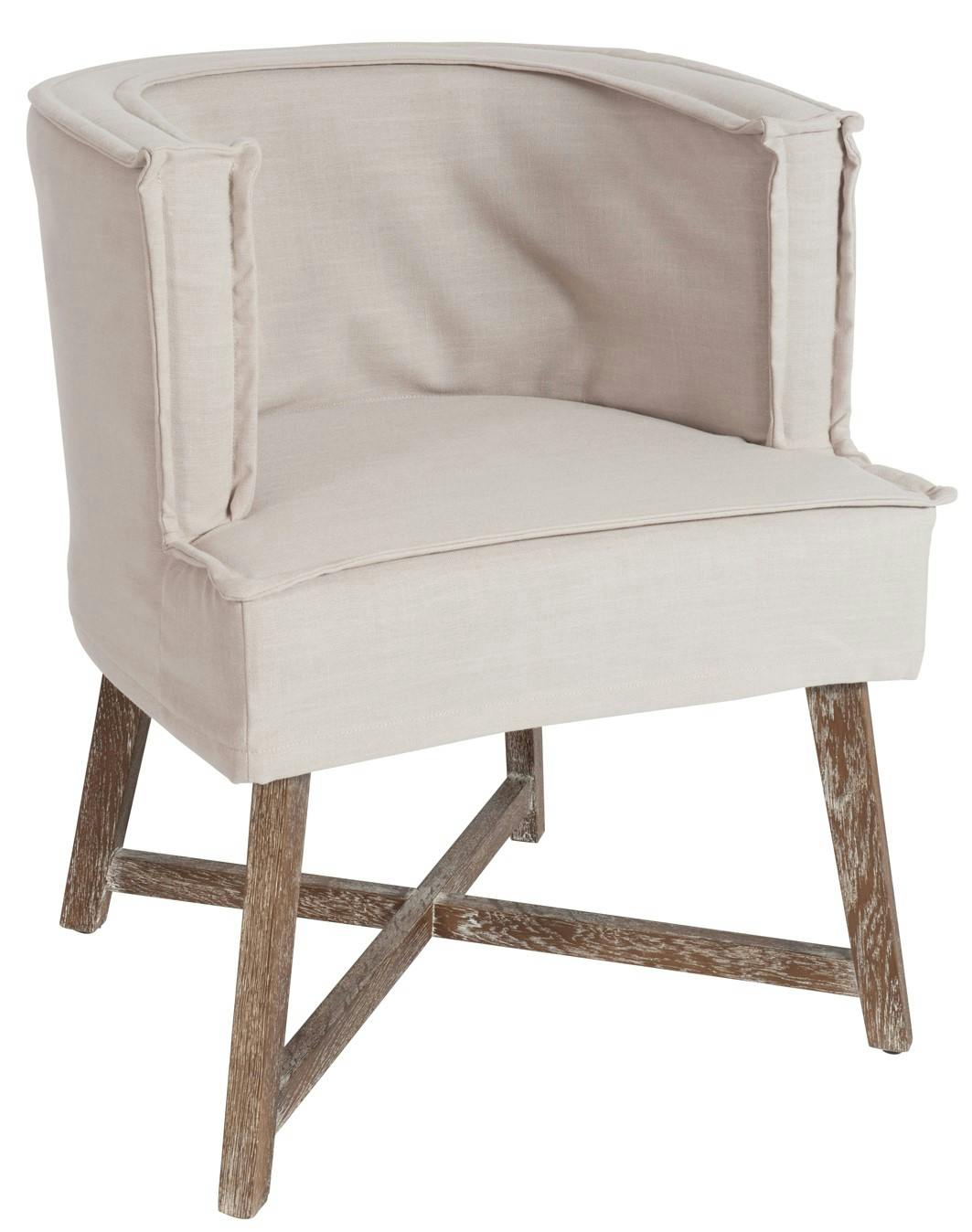 Fauteuil beige, pieds croisés en chêne