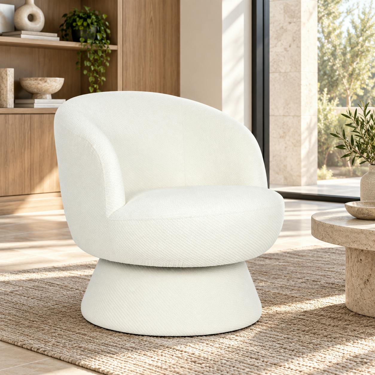Fauteuil blanc pivotant - tissu chenille, style rétro IENA