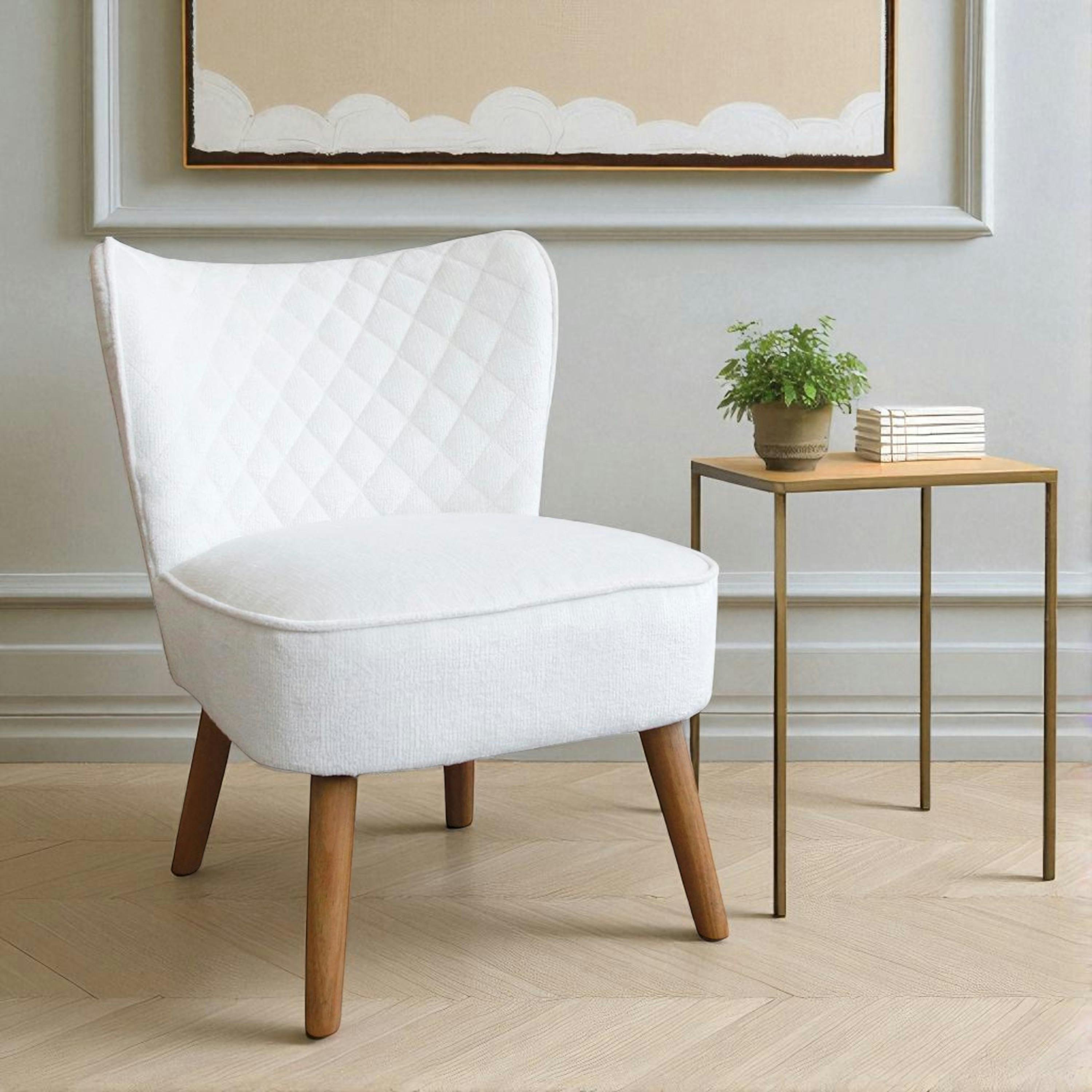 Fauteuil blanc tissu chenille - pieds bois, motif croisé IENA