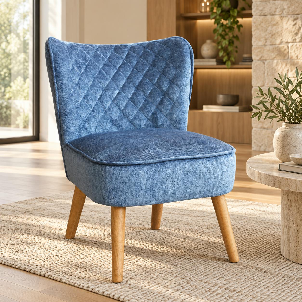 Fauteuil bleu tissu chenille - pieds bois, motif croisé IENA