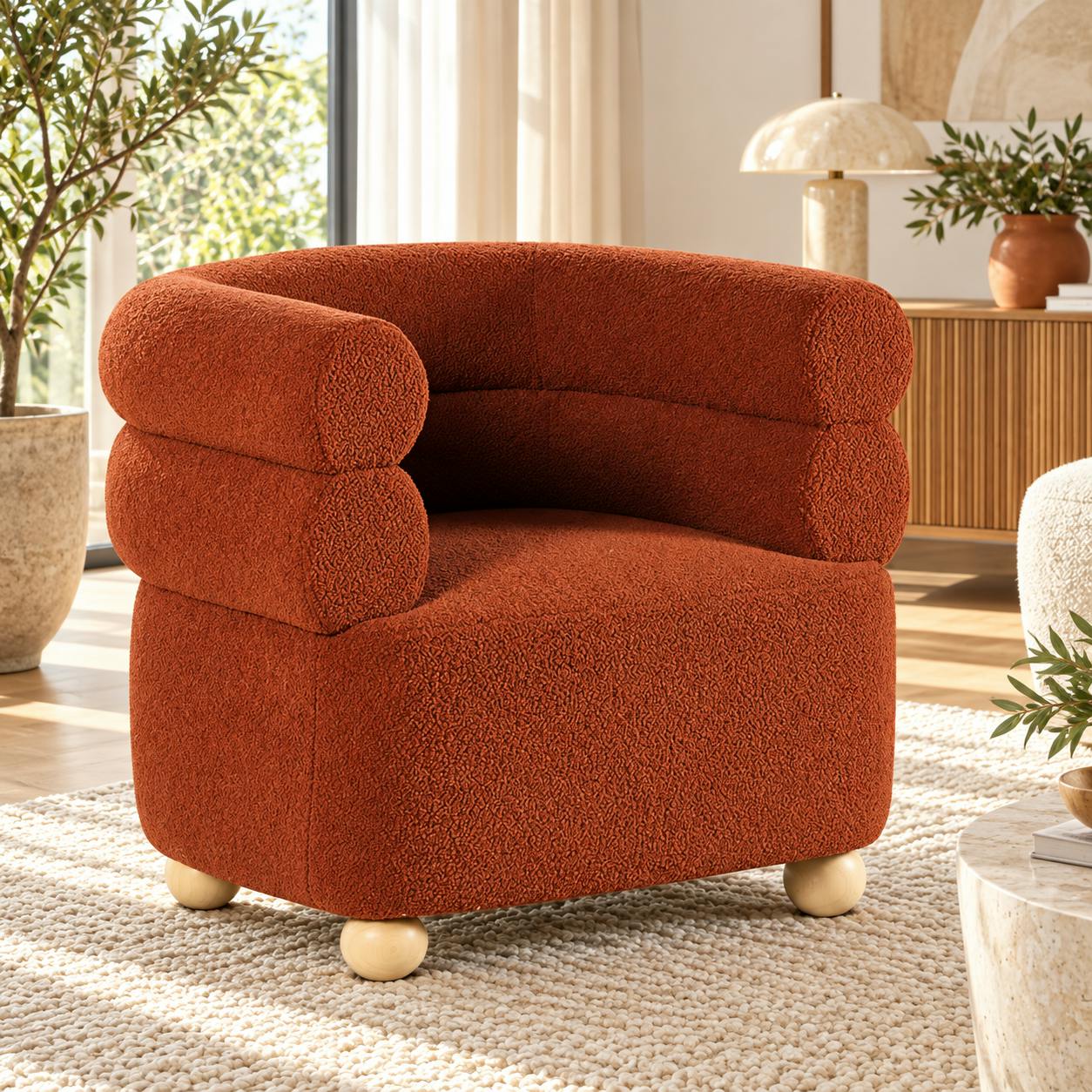 Fauteuil cabriolet design tissu bouclé terracotta IENA