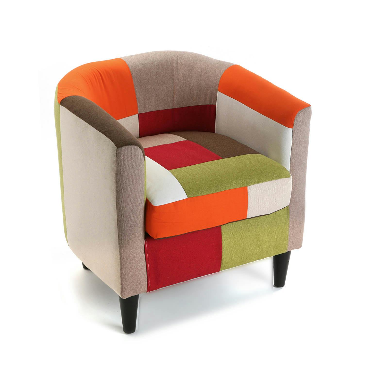 Fauteuil Cabriolet en tissu Patchwork coloré et pieds bois 64x62x56cm GREEN