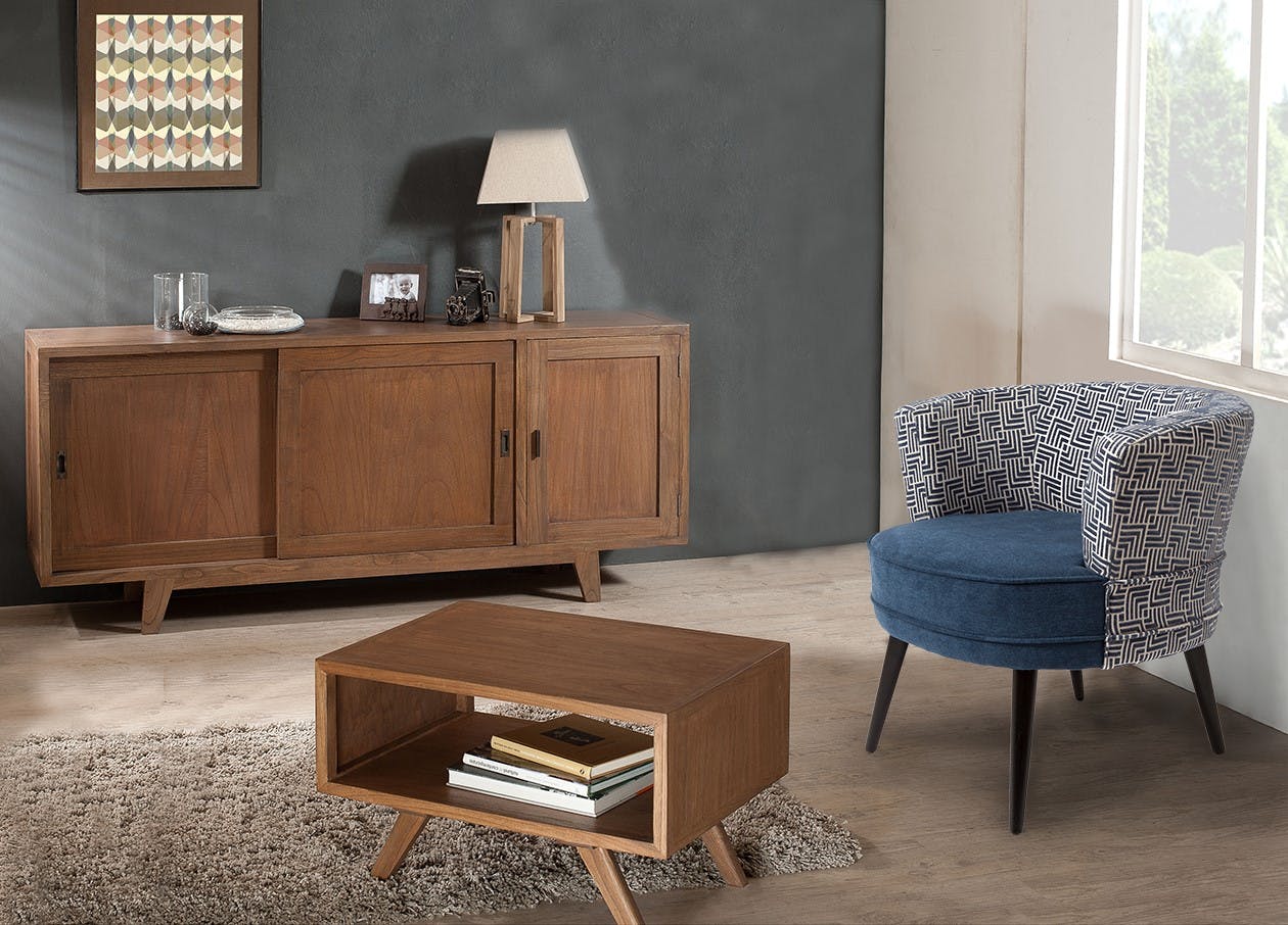 Fauteuil Cabriolet en tissu toucher doux bleu, dossier motif "Labyrinthe" 64x70x67cm ARENA