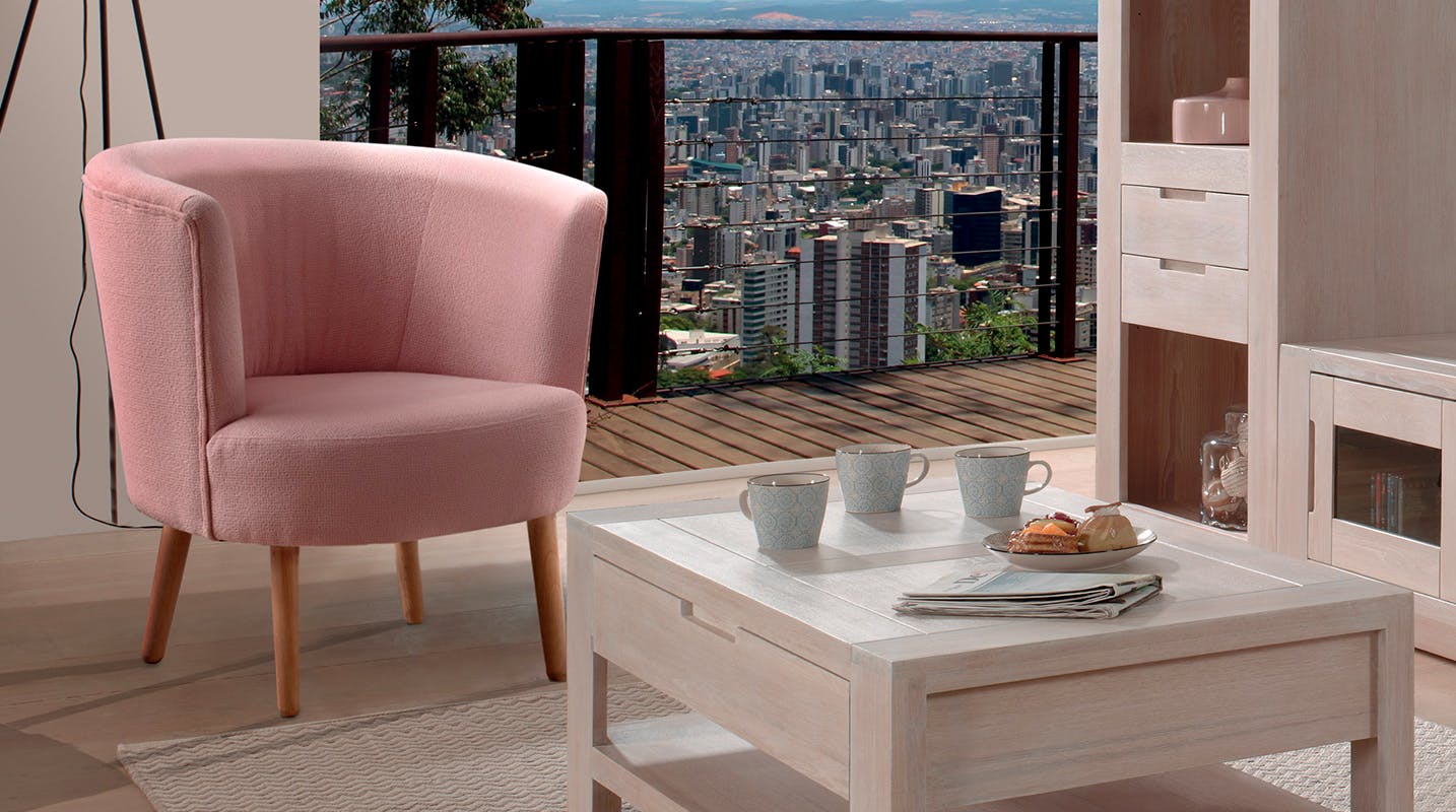 Fauteuil Cabriolet tissu Microfibres rose pâle et pieds Hévéa massif 81x75x70cm RONAL