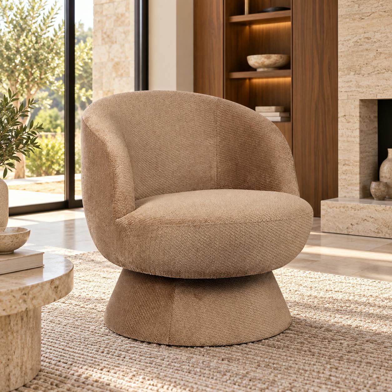 Fauteuil camel pivotant - tissu chenille, style rétro IENA