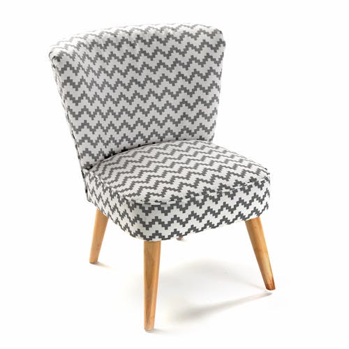 Fauteuil chaise Club en tissu blanc gris motif zigzag et pieds bois 52x57x70cm COPPEN