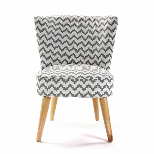 Fauteuil chaise Club en tissu blanc gris motif zigzag et pieds bois 52x57x70cm COPPEN