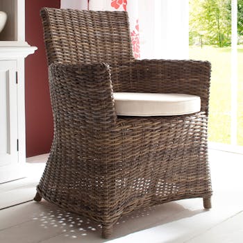 Fauteuil / Chaise de salle à manger en rotin avec accoudoir et coussin 55x106cm ROYAN