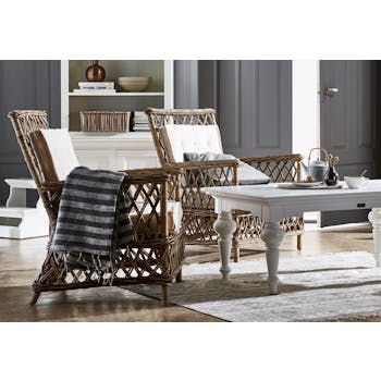 Fauteuil / Chaise de salle à manger en rotin motif croisé, coussin 70x94cm ROYAN