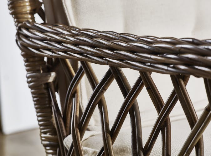 Fauteuil / Chaise de salle à manger en rotin motif croisé, coussin 70x94cm ROYAN