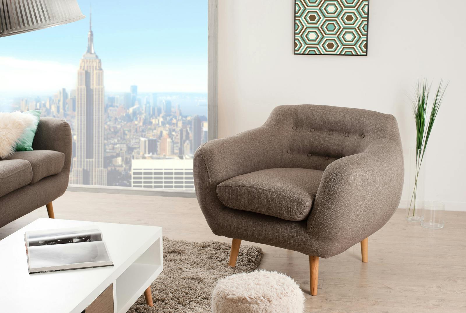 Fauteuil Club Capitonné tissu greige et pieds en Hêtre naturel 98x88x83cm PABLO