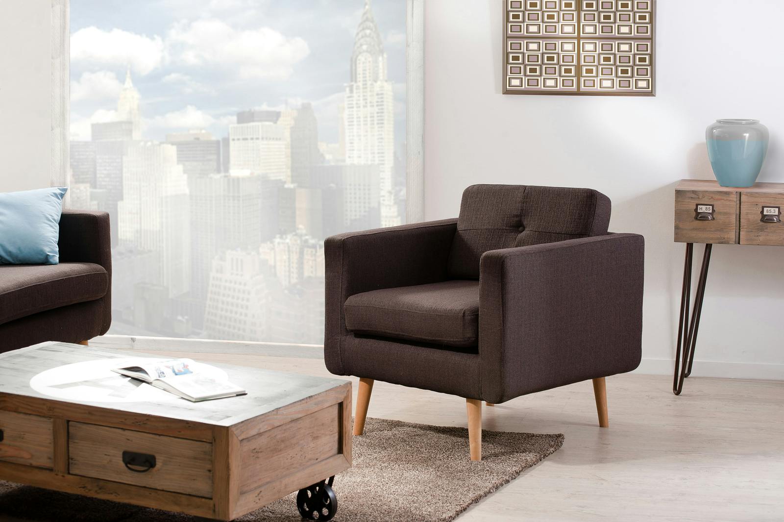 Fauteuil Club droit Capitonné tissu marron chiné et pieds en Hêtre naturel 80x78x83cm PABLO