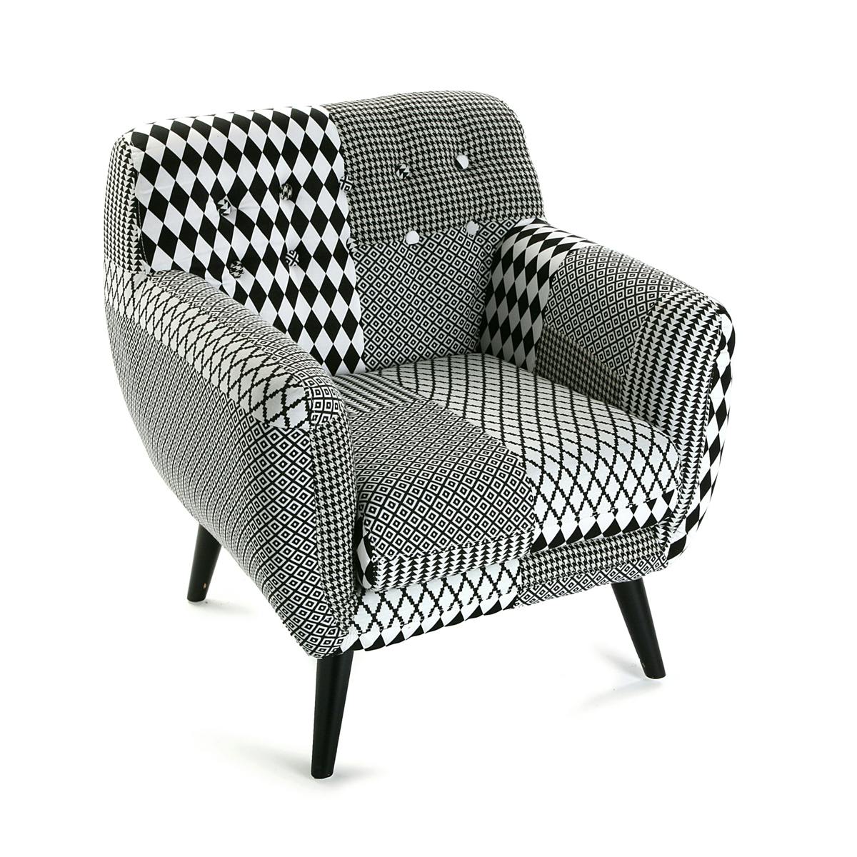 Fauteuil Club en tissu Patchwork blanc et noir et pieds bois noirs 68x63x76cm URBAN