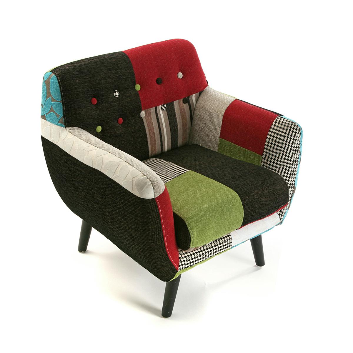 Fauteuil Club en tissu Patchwork coloré et pieds bois 68x63x76cm EIDER