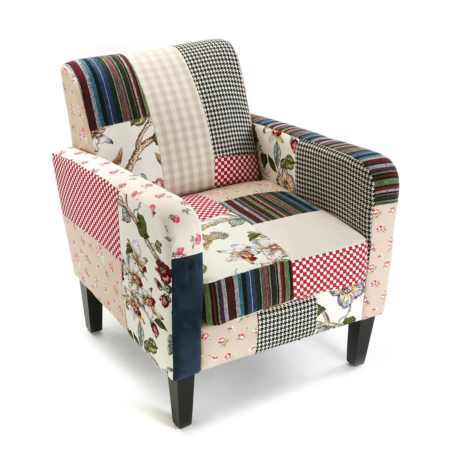 Fauteuil Club Romantique en tissu Patchwork coloré et pieds bois 65x77x71cm ASHLEY