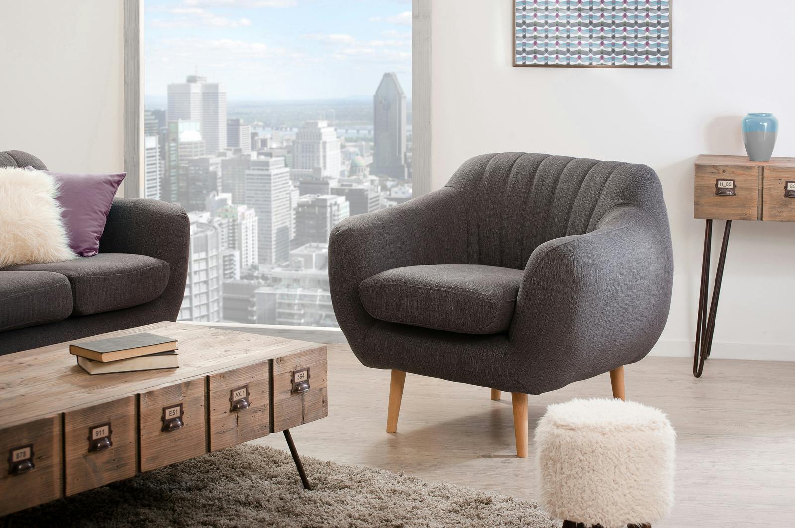 Fauteuil Club tissu gris foncé chiné et pieds en Hêtre naturel 101x88x87cm PABLO