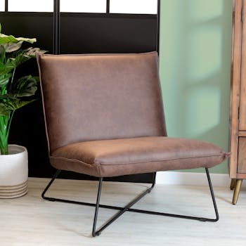 Fauteuil Club tissu uni PU marron façon vieilli LUCKNOW réf 30020879