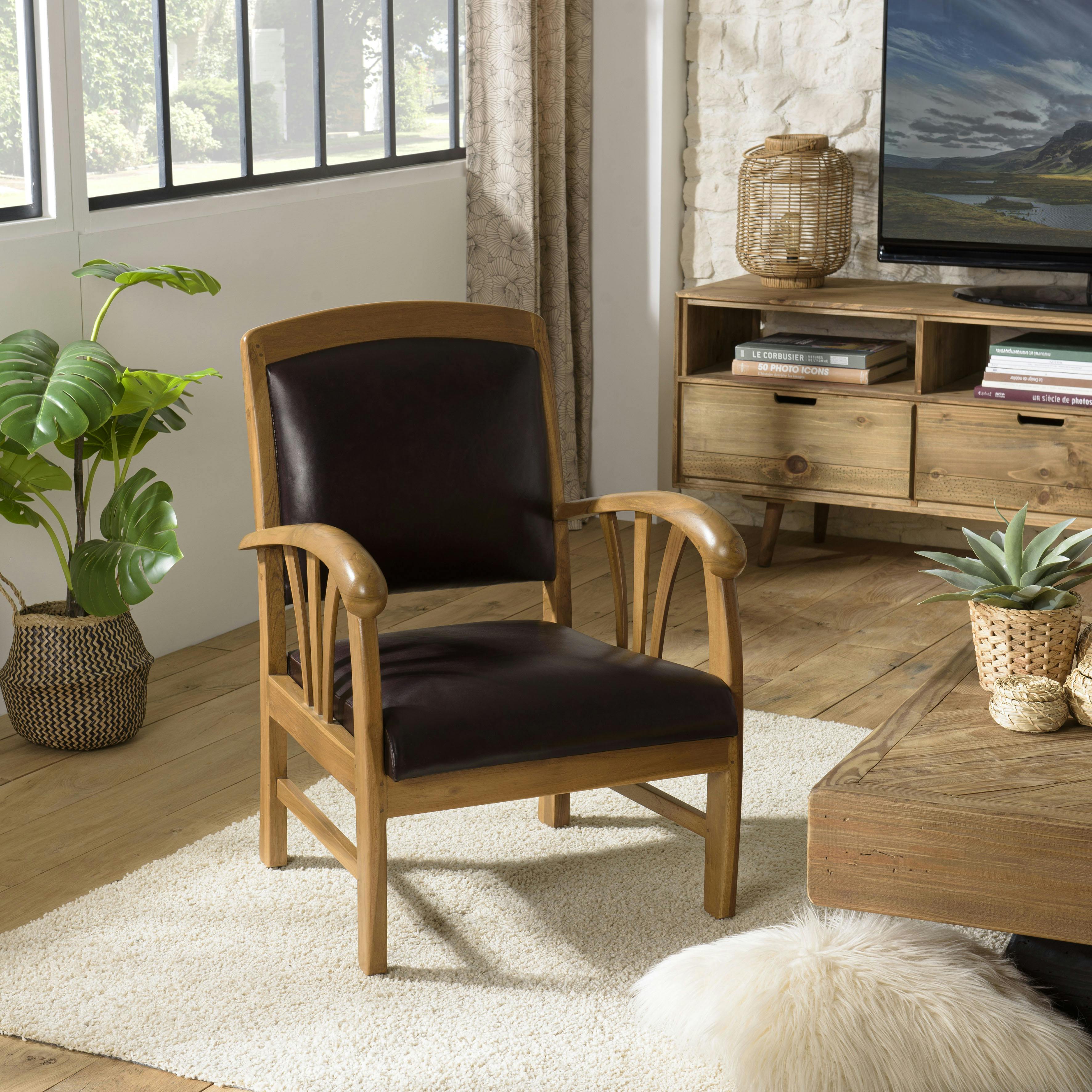 Fauteuil colonial teck assise cuir brun DIKA