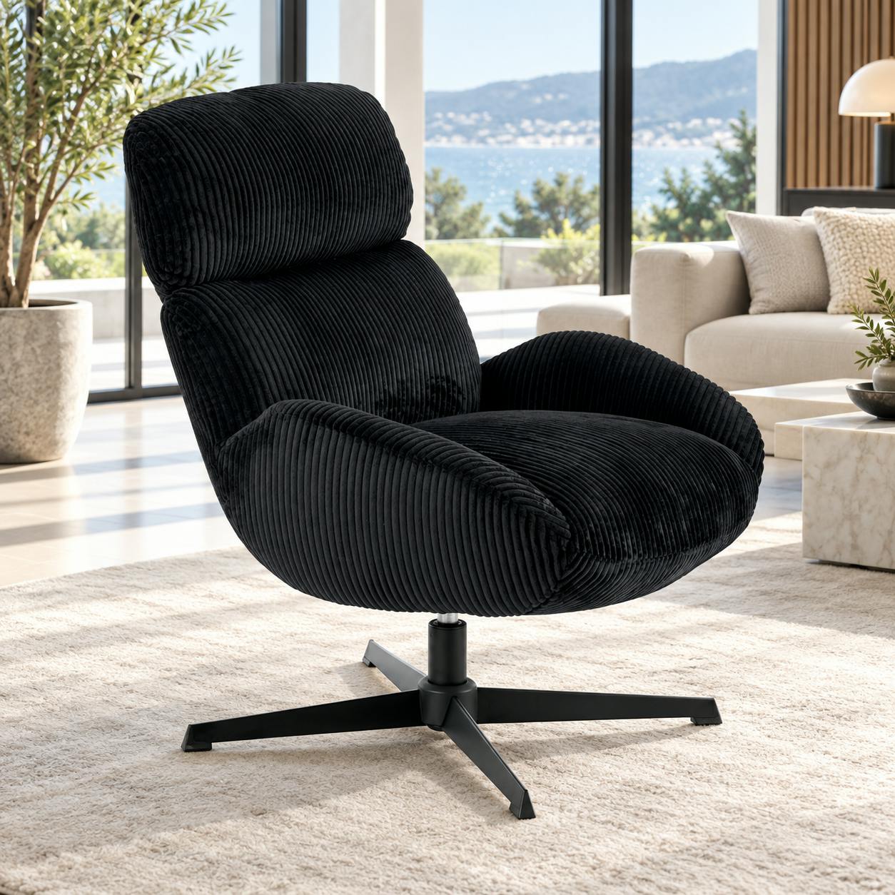 Fauteuil confort pivotant en velours côtelé noir IENA