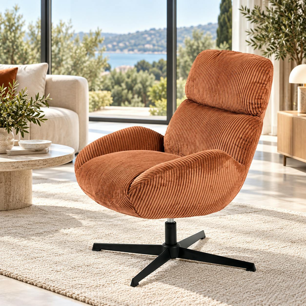 Fauteuil confort pivotant en velours côtelé terracotta IENA