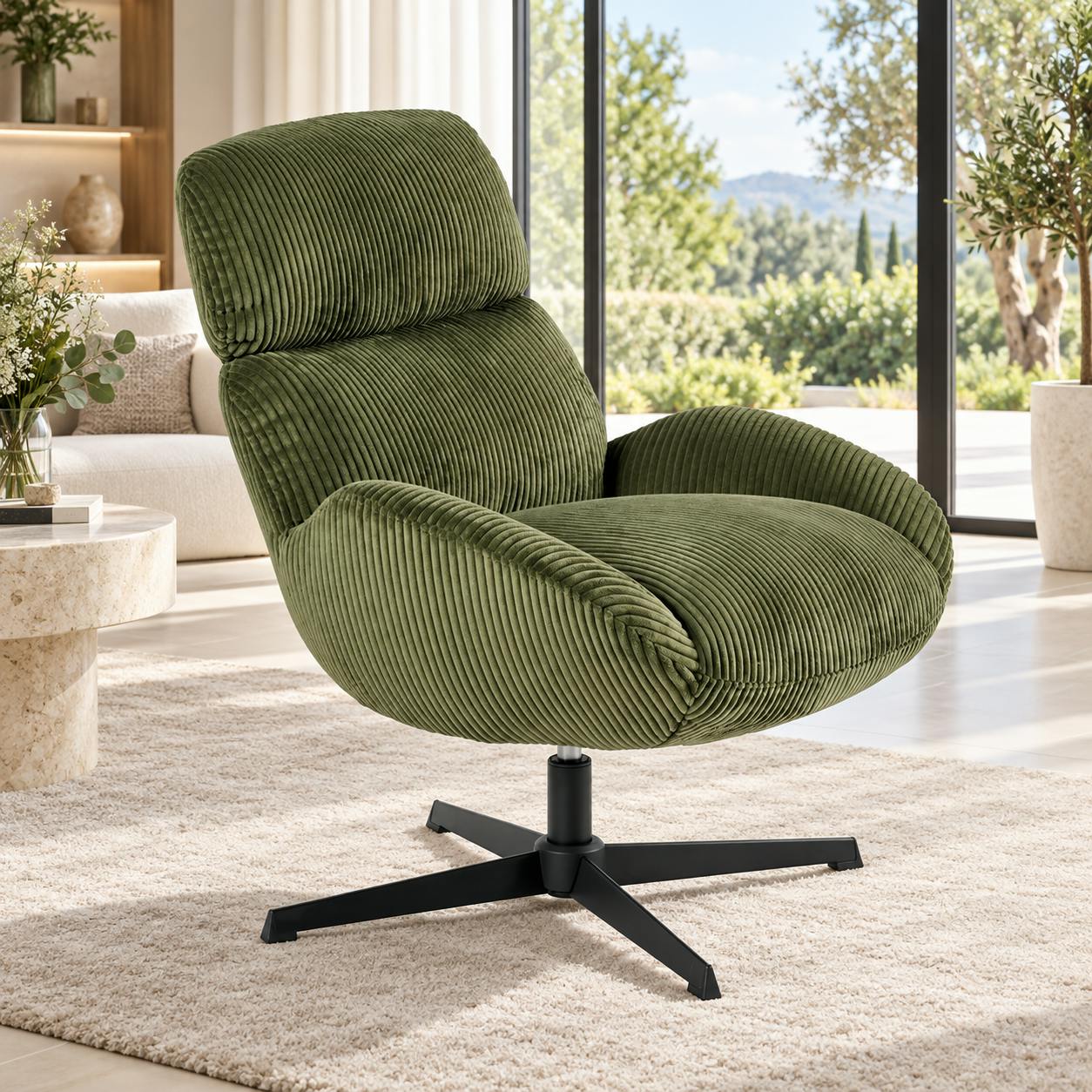 Fauteuil confort pivotant en velours côtelé vert IENA