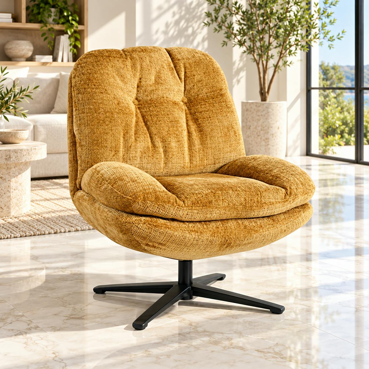 Fauteuil confort pivotant tissu doux moutarde IENA