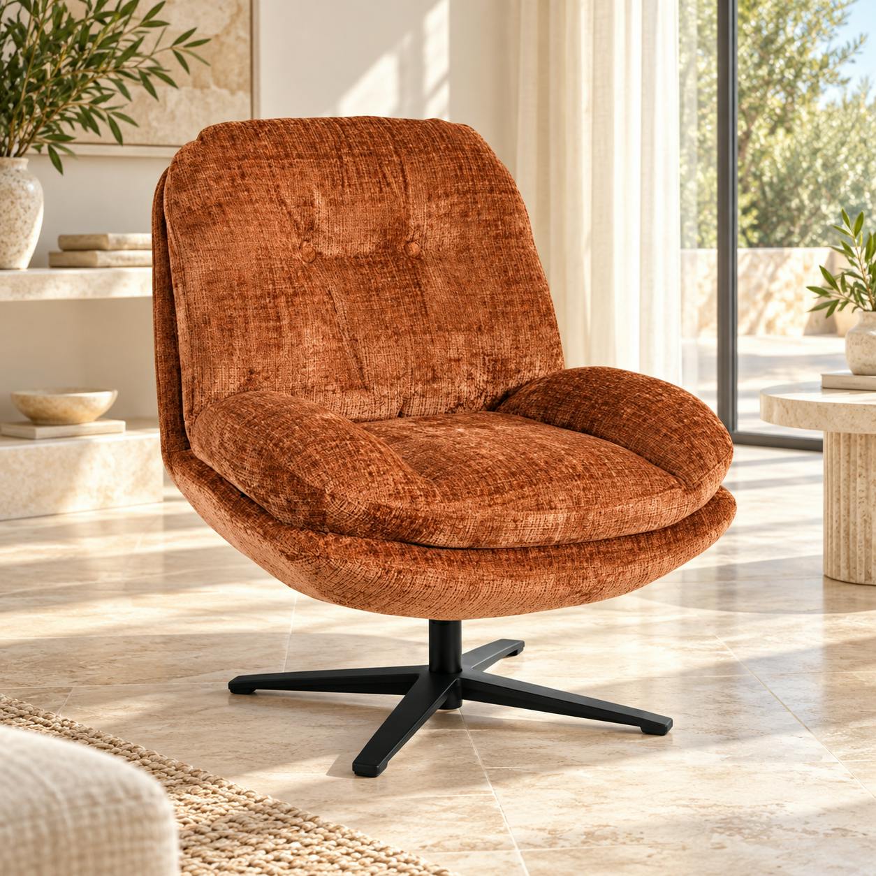 Fauteuil confort pivotant tissu doux terracotta IENA