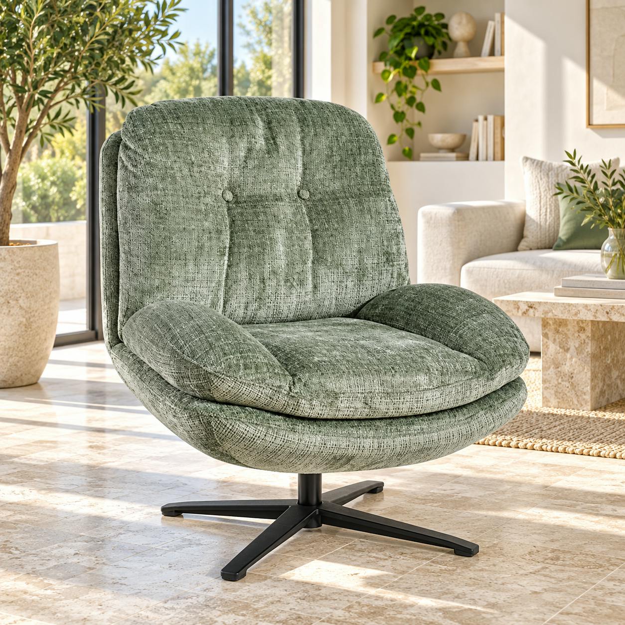Fauteuil confort pivotant tissu doux vert IENA