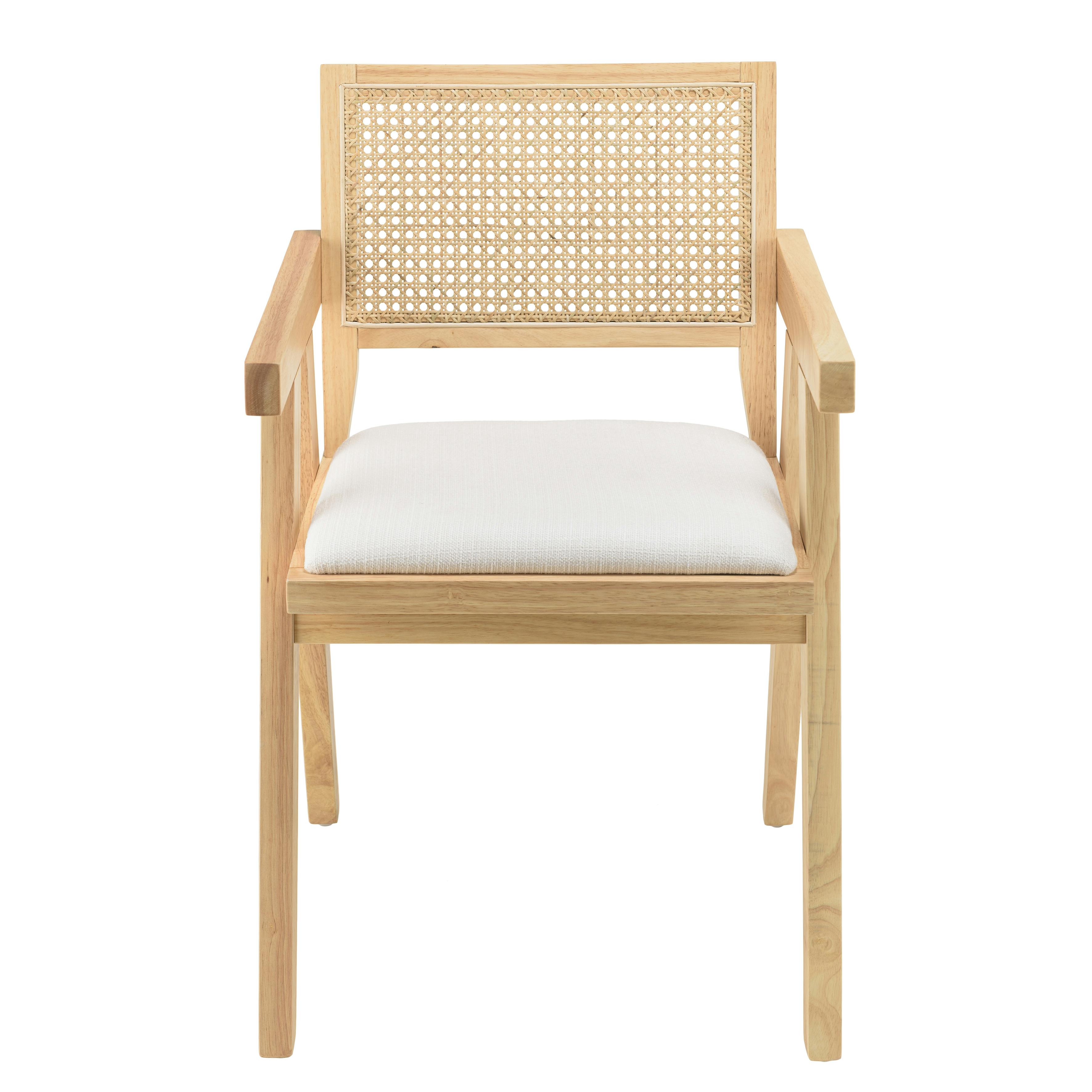 Fauteuil contemporain bois clair tissu blanc et cannage TIM