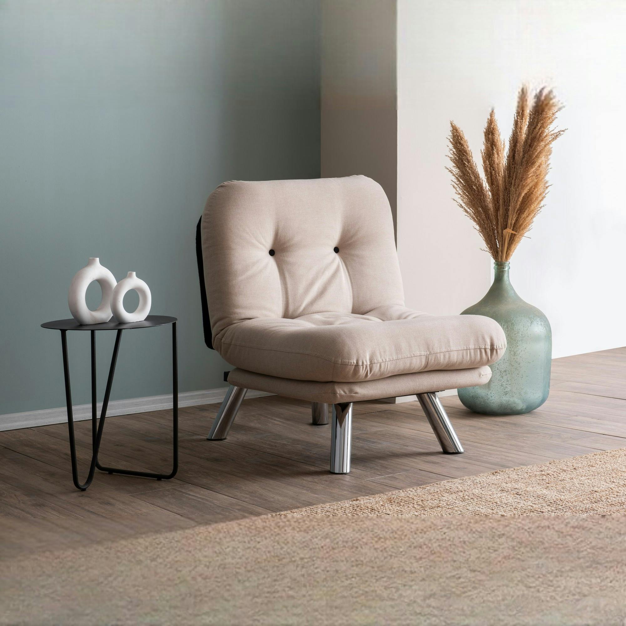 Fauteuil convertible banquette écru pieds chromés CUSCO