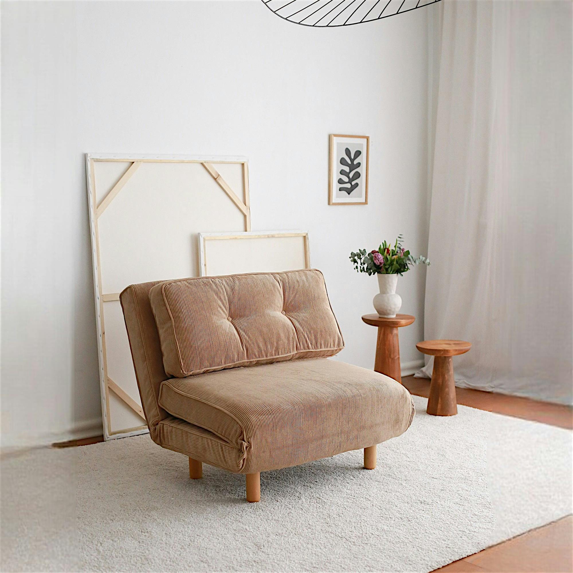 Fauteuil convertible beige velours, oreiller intégré LUCCA