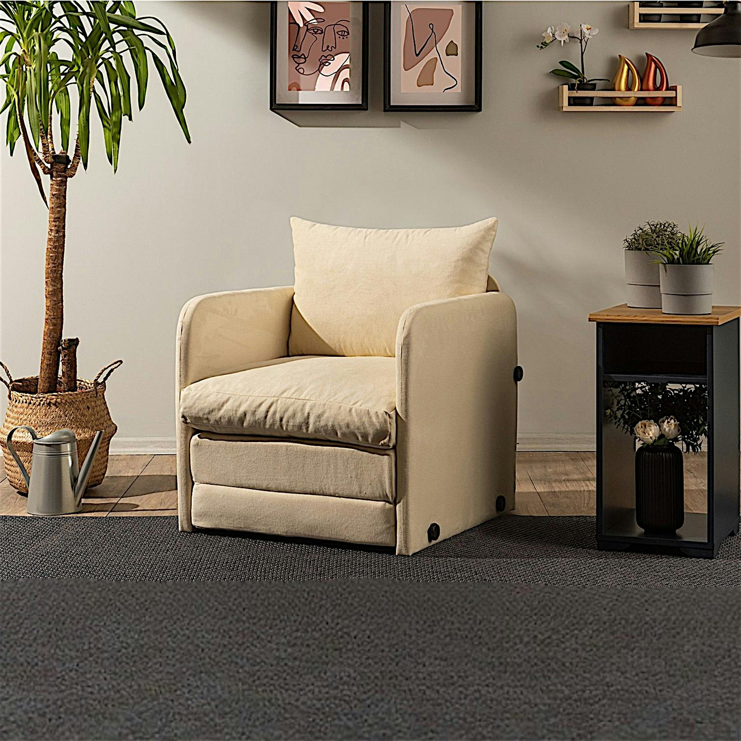 Fauteuil convertible écru 1 place couchage 200 cm ORURO