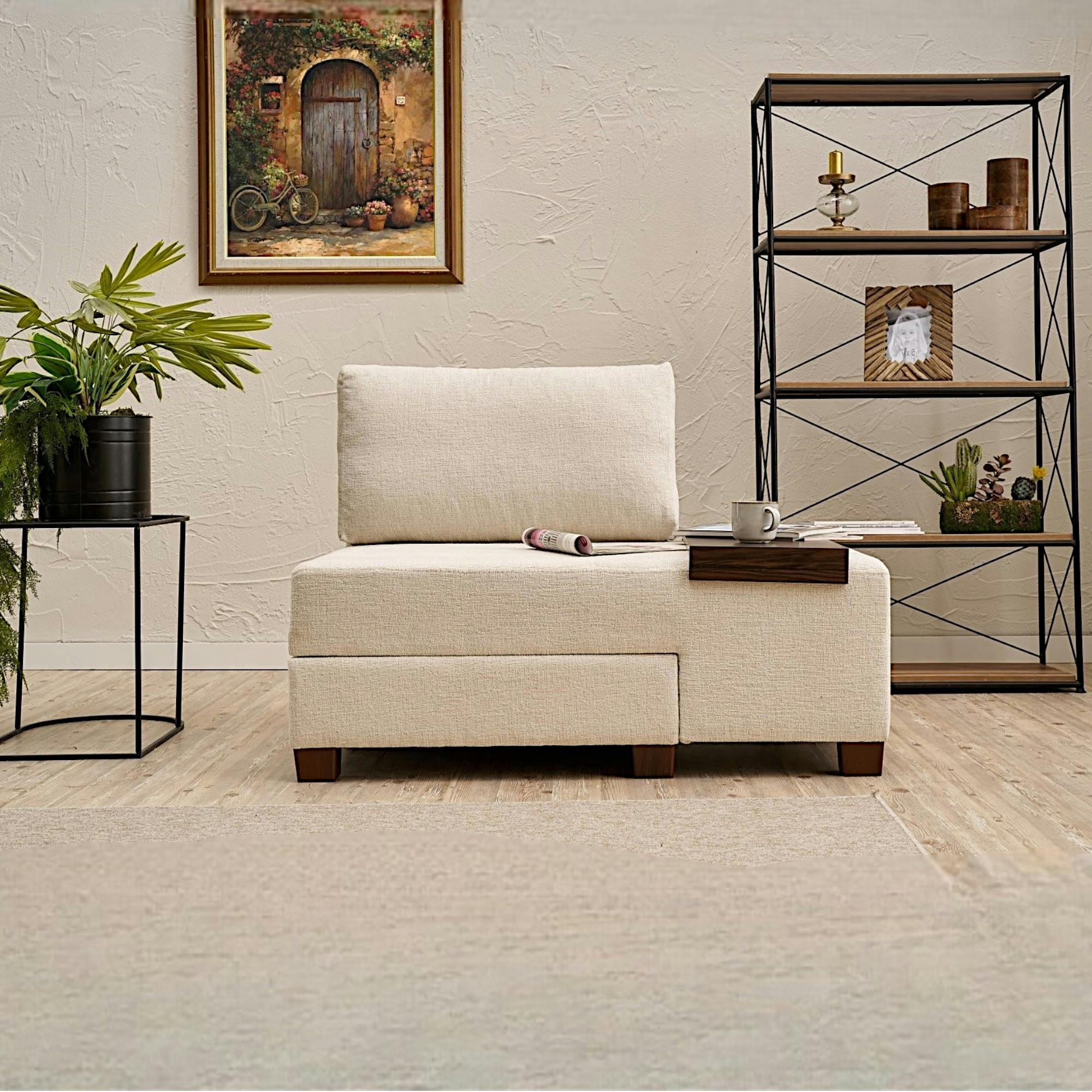 Fauteuil convertible écru chenille, plateau droit BUZON