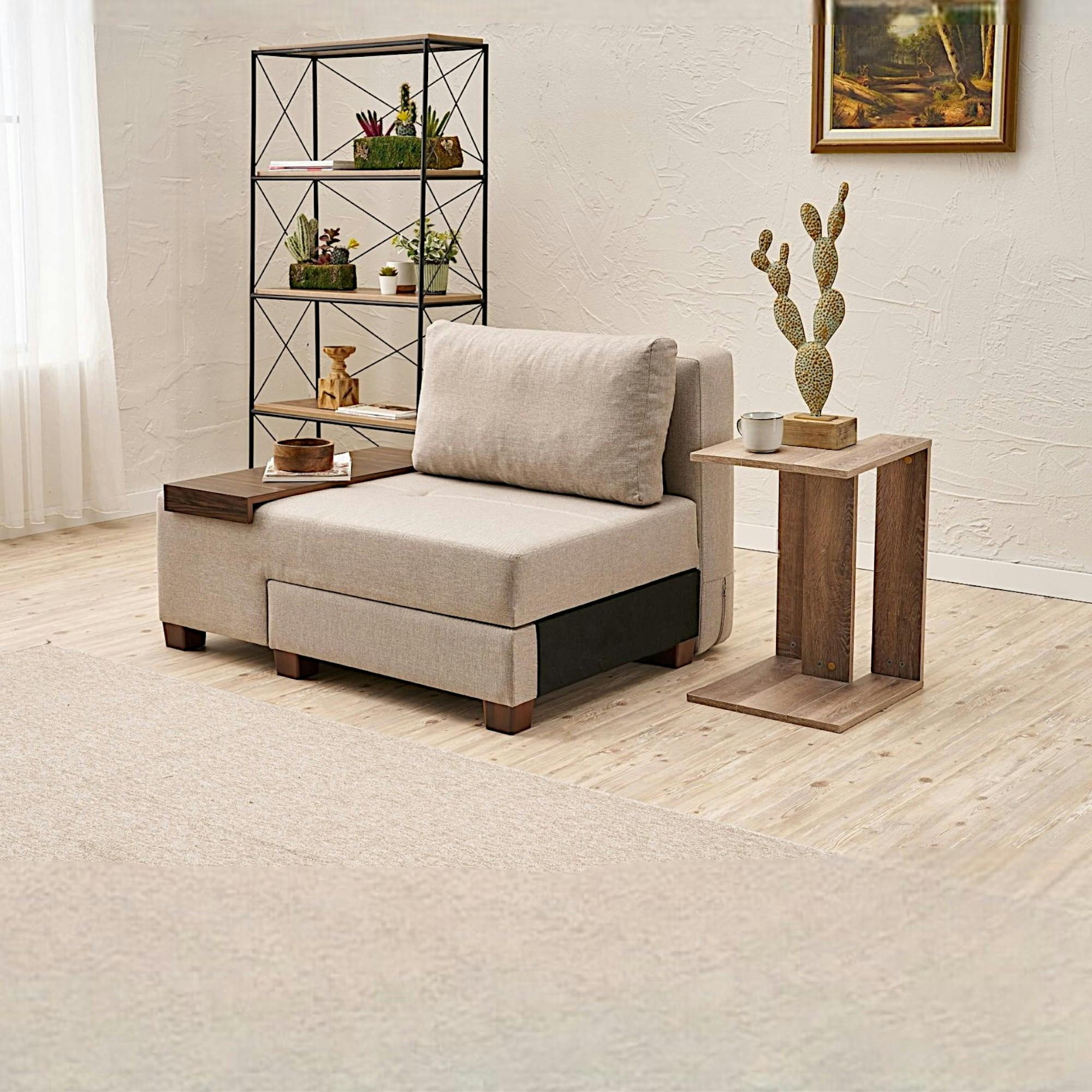 Fauteuil convertible écru en lin, plateau gauche BUZON