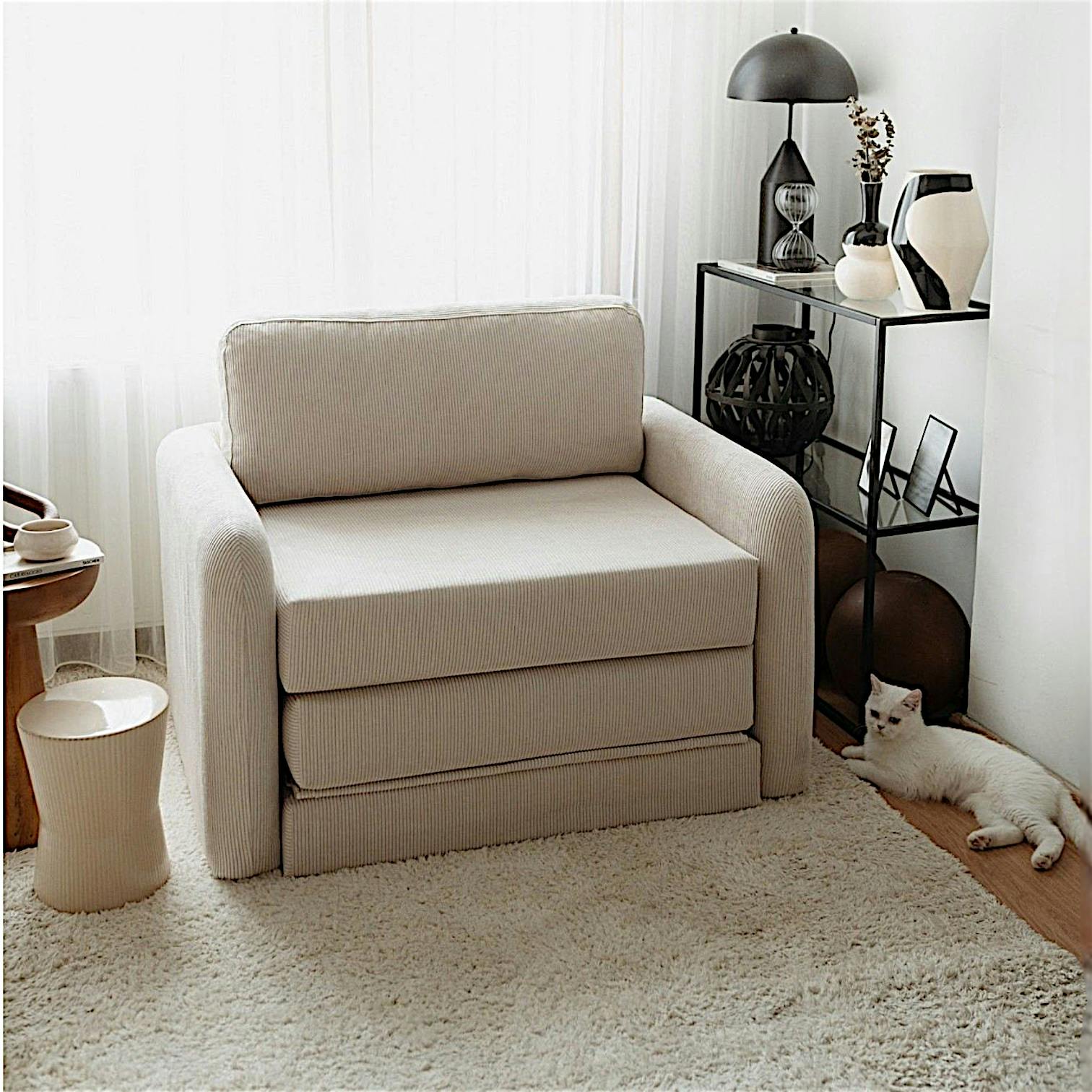 Fauteuil convertible écru velours côtelé, 1 place QUITO