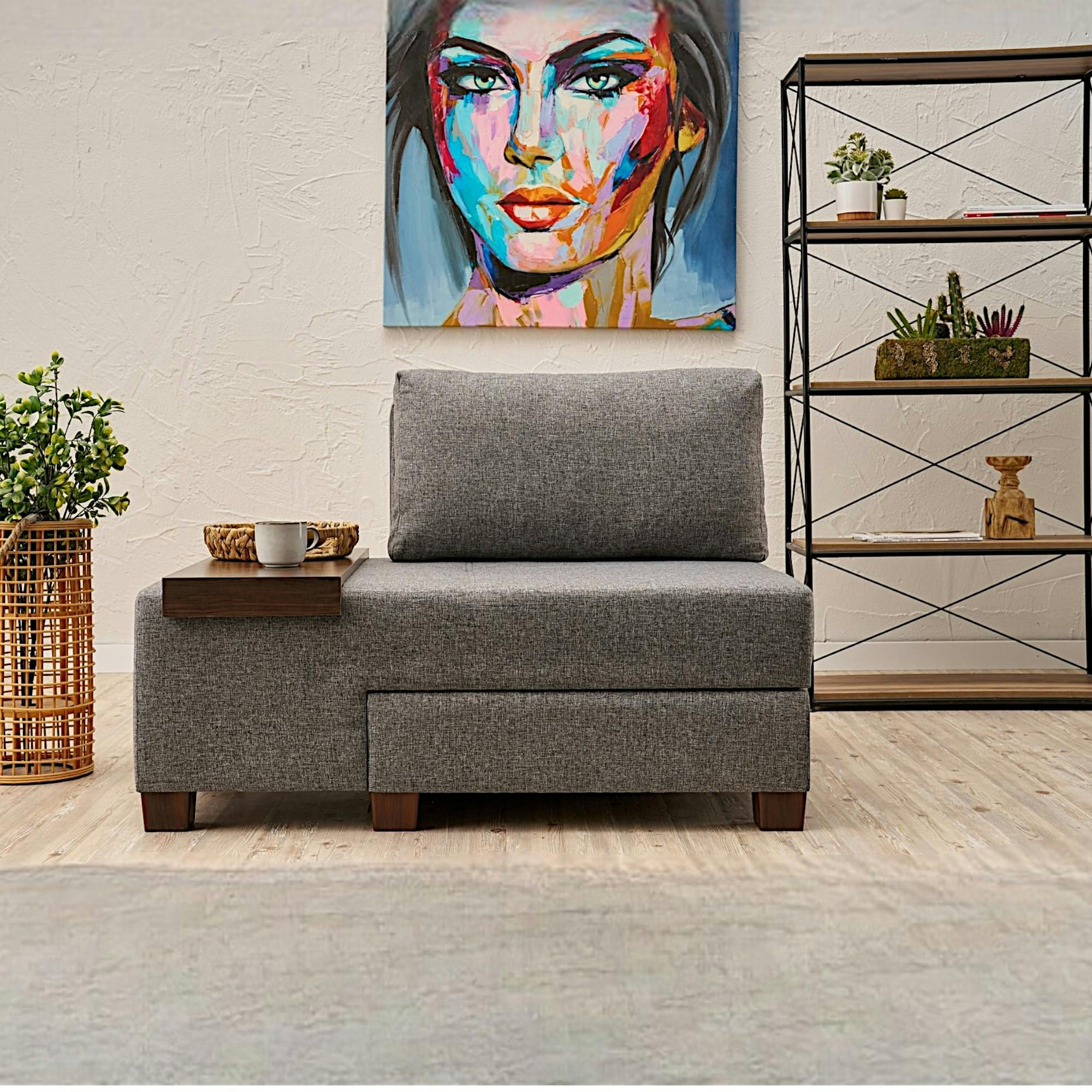 Fauteuil convertible gris en lin, plateau gauche BUZON