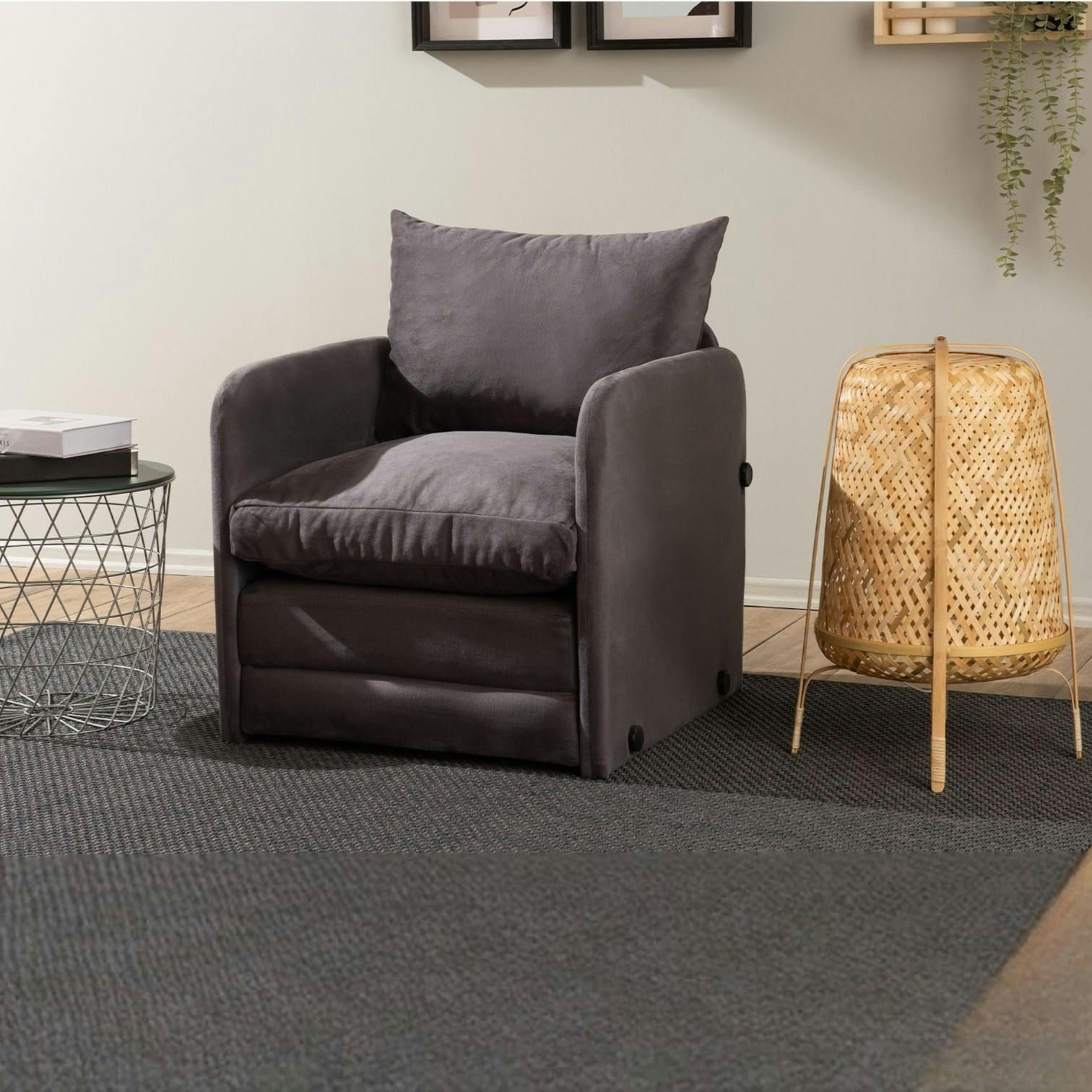 Fauteuil convertible gris velours couchage 200 cm ORURO